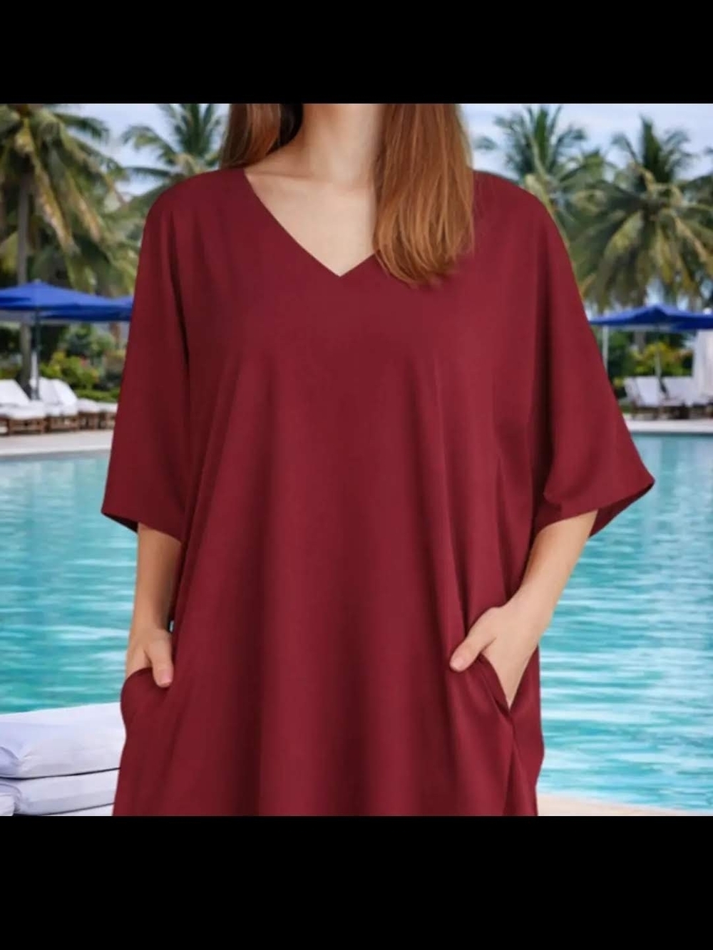 V-Neck Burgundy Kaftab Dress with Pockets. - Picture 8 of 11